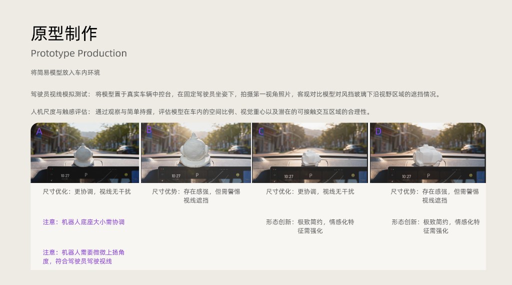 原型制作：车内环境与方案 A–D 视线对比